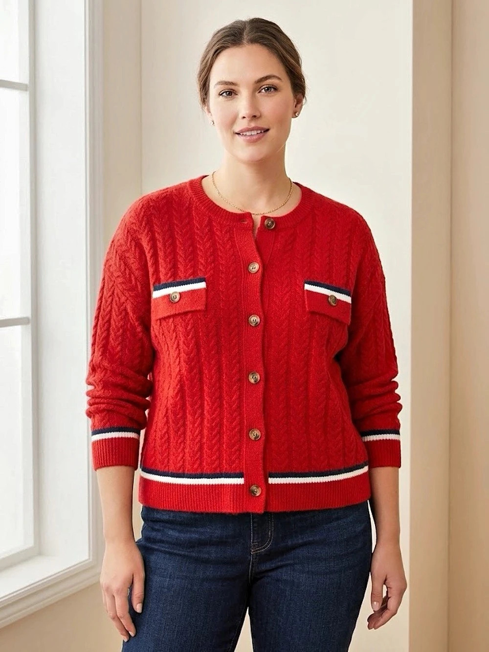 Joe Fresh Cable Knit Cardigan Red & Blue